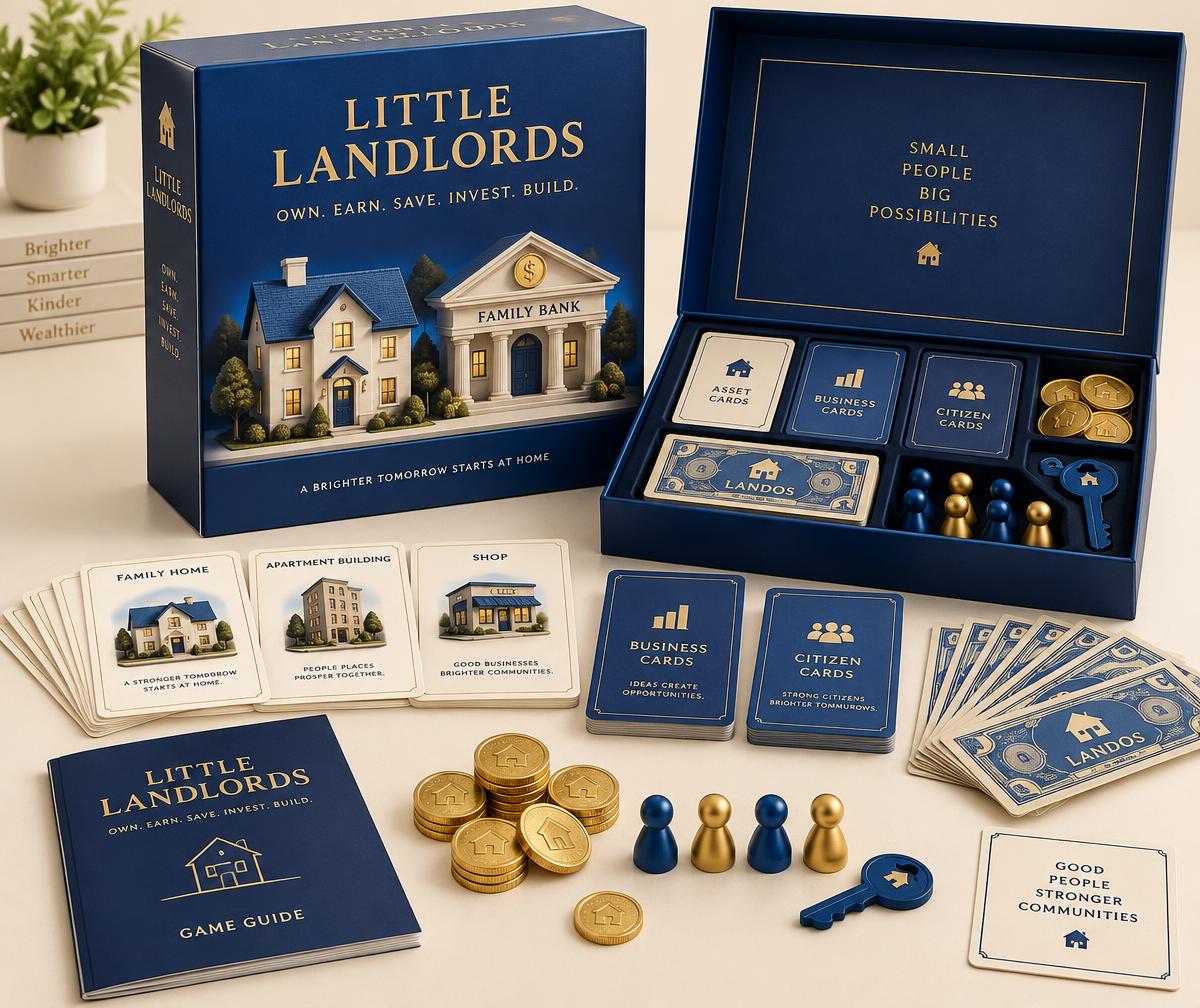 Little Landlords product concept with game cards, Landos and Family Bank Key